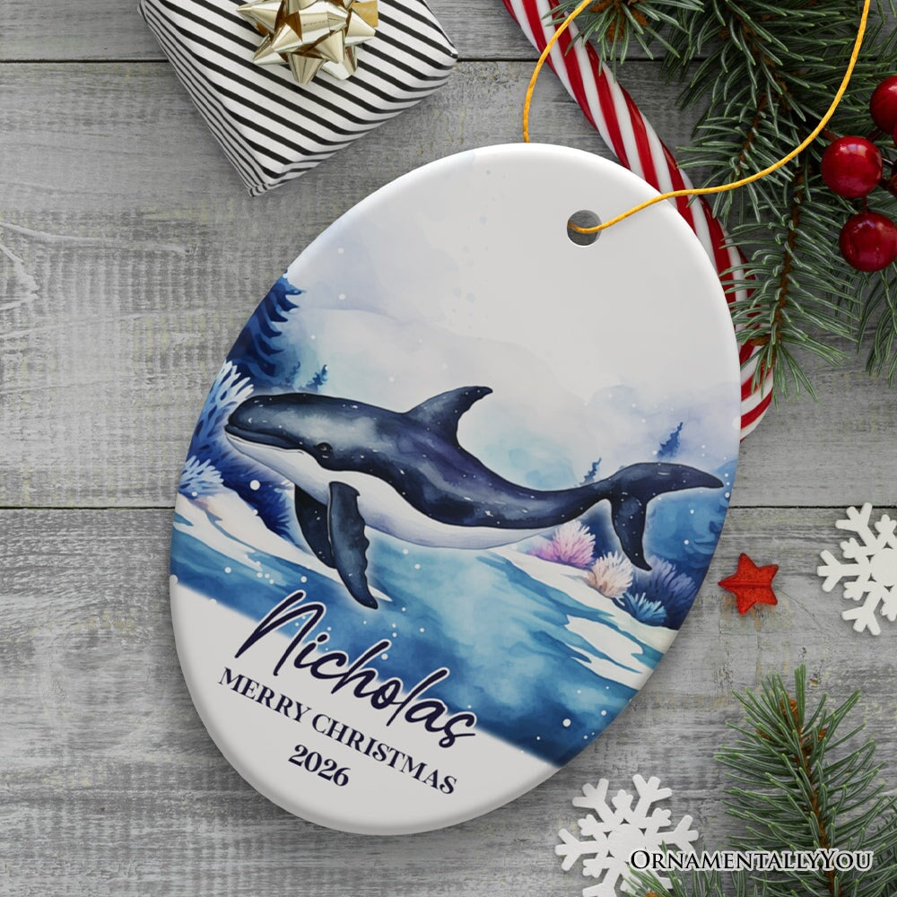 Whale Personalized Ornament, Festive Christmas Gift With Custom Name and Date Ceramic Ornament OrnamentallyYou Oval 