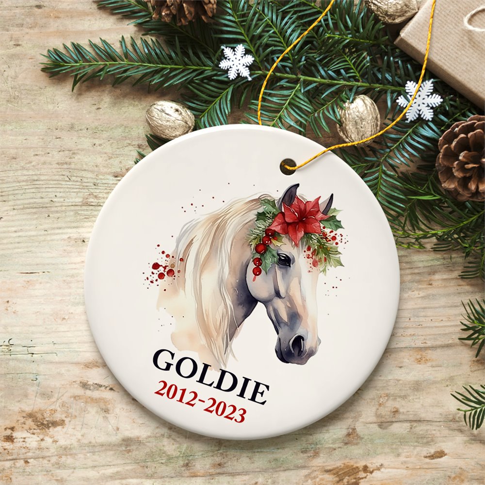 White Horse Personalized Ornament, Watercolor Artistic Christmas Gift With Custom Name and Date Ceramic Ornament OrnamentallyYou Circle 