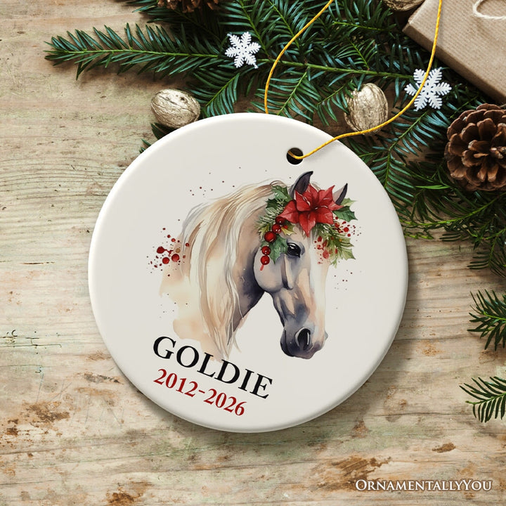 White Horse Personalized Ornament, Watercolor Artistic Christmas Gift With Custom Name and Date Ceramic Ornament OrnamentallyYou Circle 