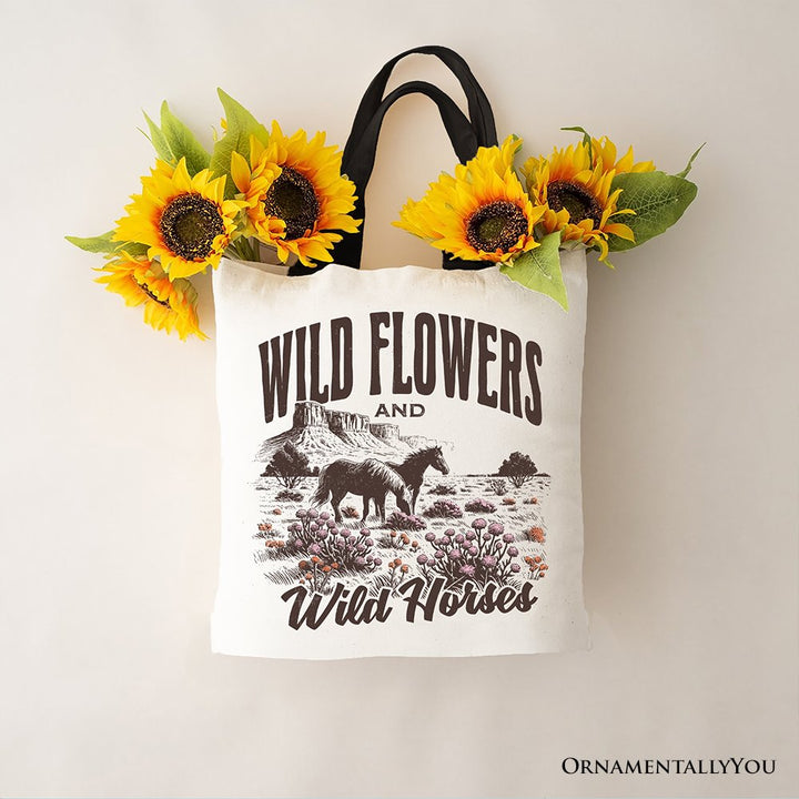 Wild Flowers and Wild Horses Canvas Tote Bag, Retro Western Gift for Free-Spirited Women Tote Bag OrnamentallyYou Black Handle 