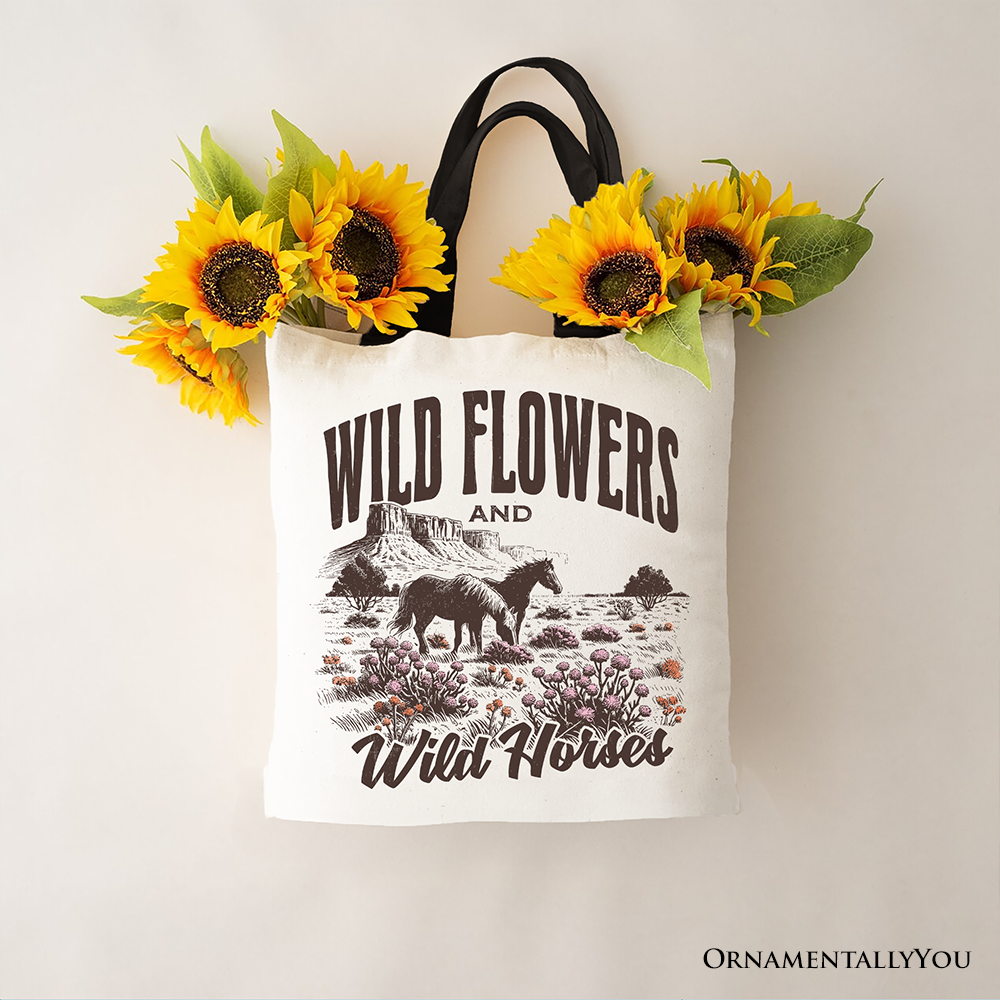 Wild Flowers and Wild Horses Canvas Tote Bag, Retro Western Gift for Free-Spirited Women