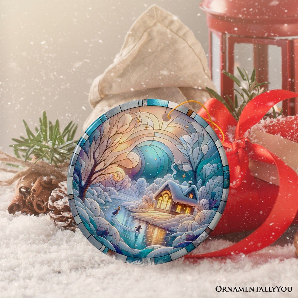 Magical Winter Lake Cabin Ceramic Christmas Ornament, Stained Glass Theme Tree Decor Ceramic Ornament OrnamentallyYou 