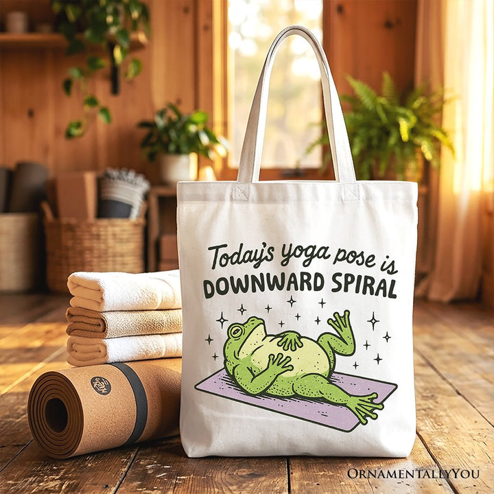 Yoga Frog Downward Spiral Tote Bag, Funny Mental Health Humor Gift Shopper Tote Bag OrnamentallyYou White 