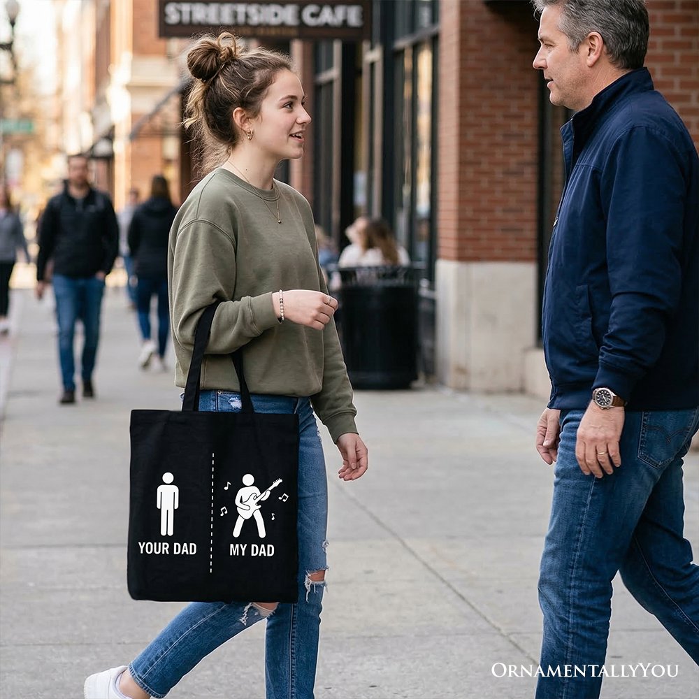 Your Dad Vs My Cool Dad Tote Bag, Funny Bass Guitar Rock Father's Day Gift Shopper Tote Bag OrnamentallyYou 