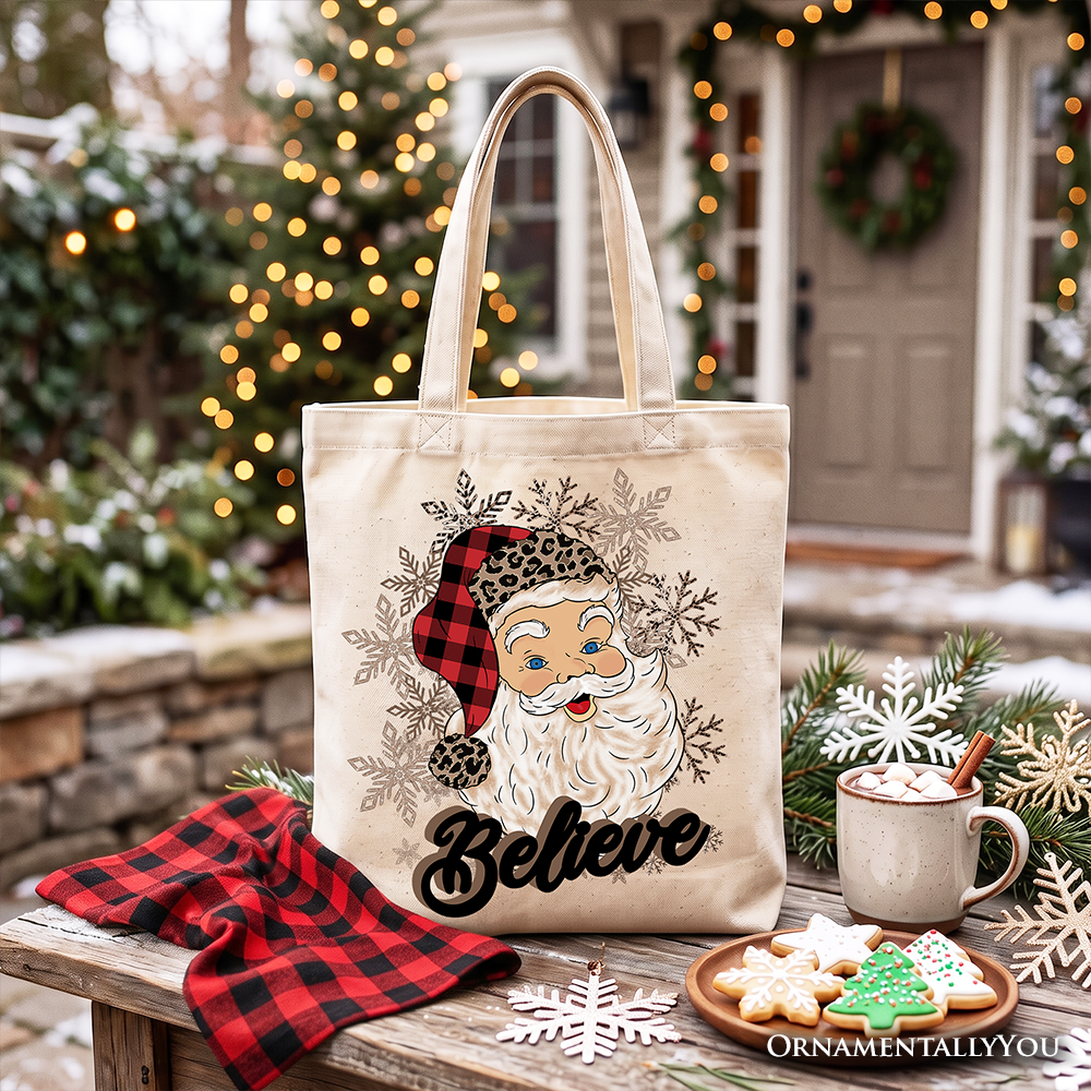 Believe Santa Buffalo Plaid Tote Bag, Retro Christmas Gift Shopper