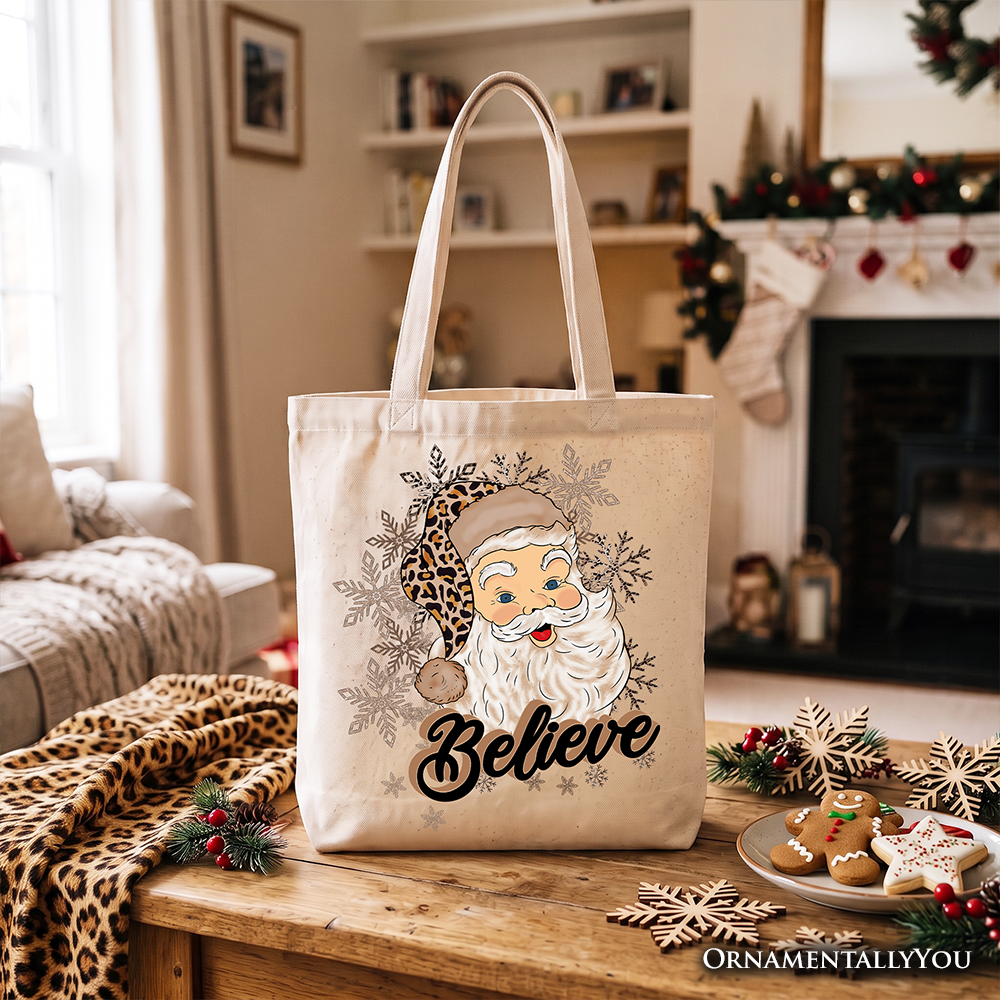 Believe Santa Cheetah Leopard Tote Bag, Retro Christmas Gift Shopper