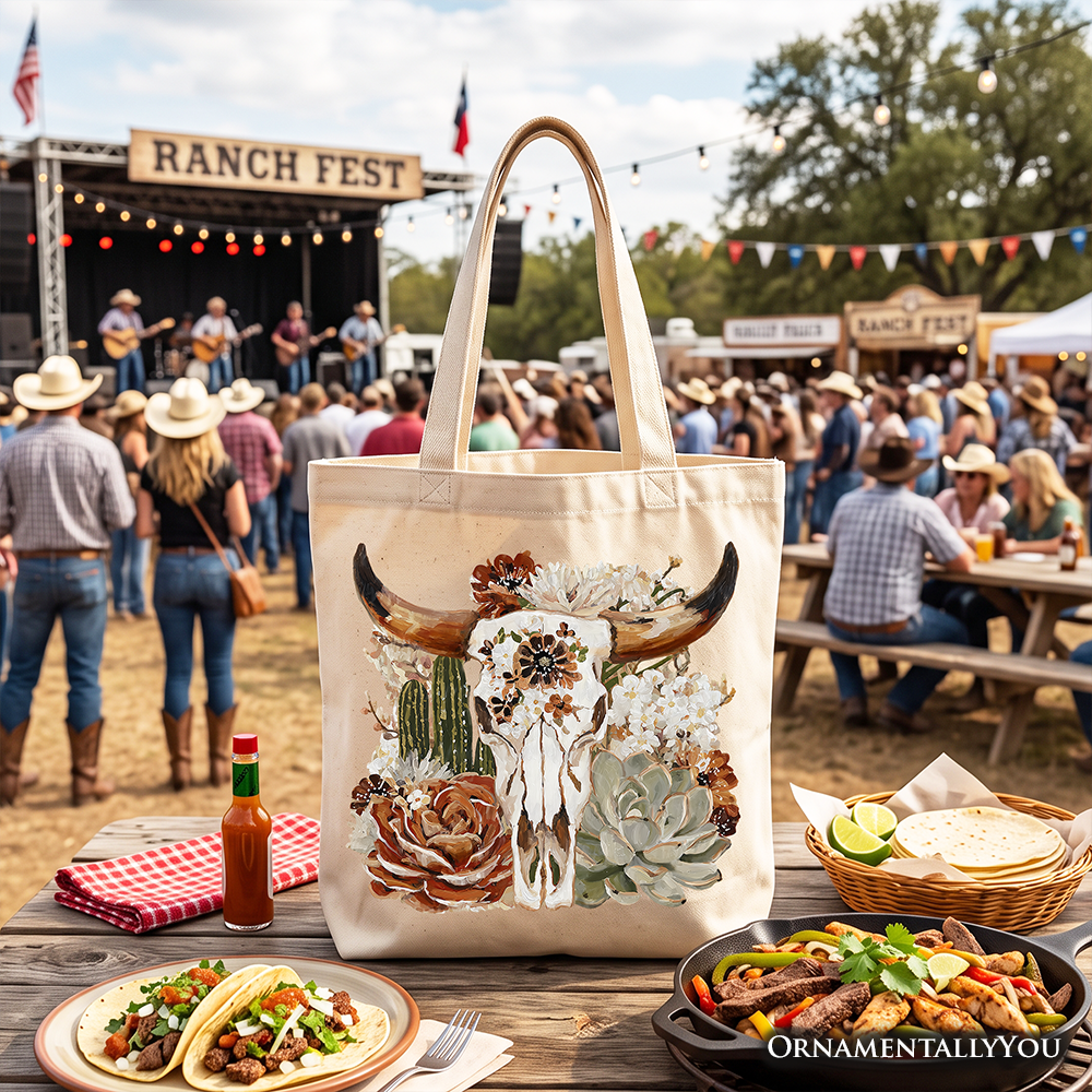 Boho Floral Cow Skull Tote Bag, Western Autumn Cowgirl Gift Shopper