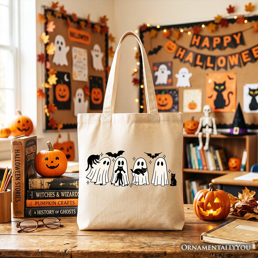Cute Ghost Teacher Halloween Tote Bag, Retro Boo Spooky School Gift Shopper Tote Bag OrnamentallyYou Beige 