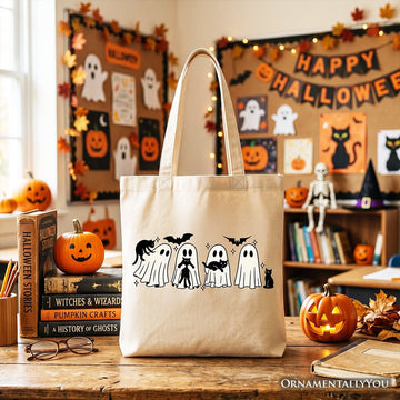 Cute Ghost Teacher Halloween Tote Bag, Retro Boo Spooky School Gift Shopper Tote Bag OrnamentallyYou Beige 