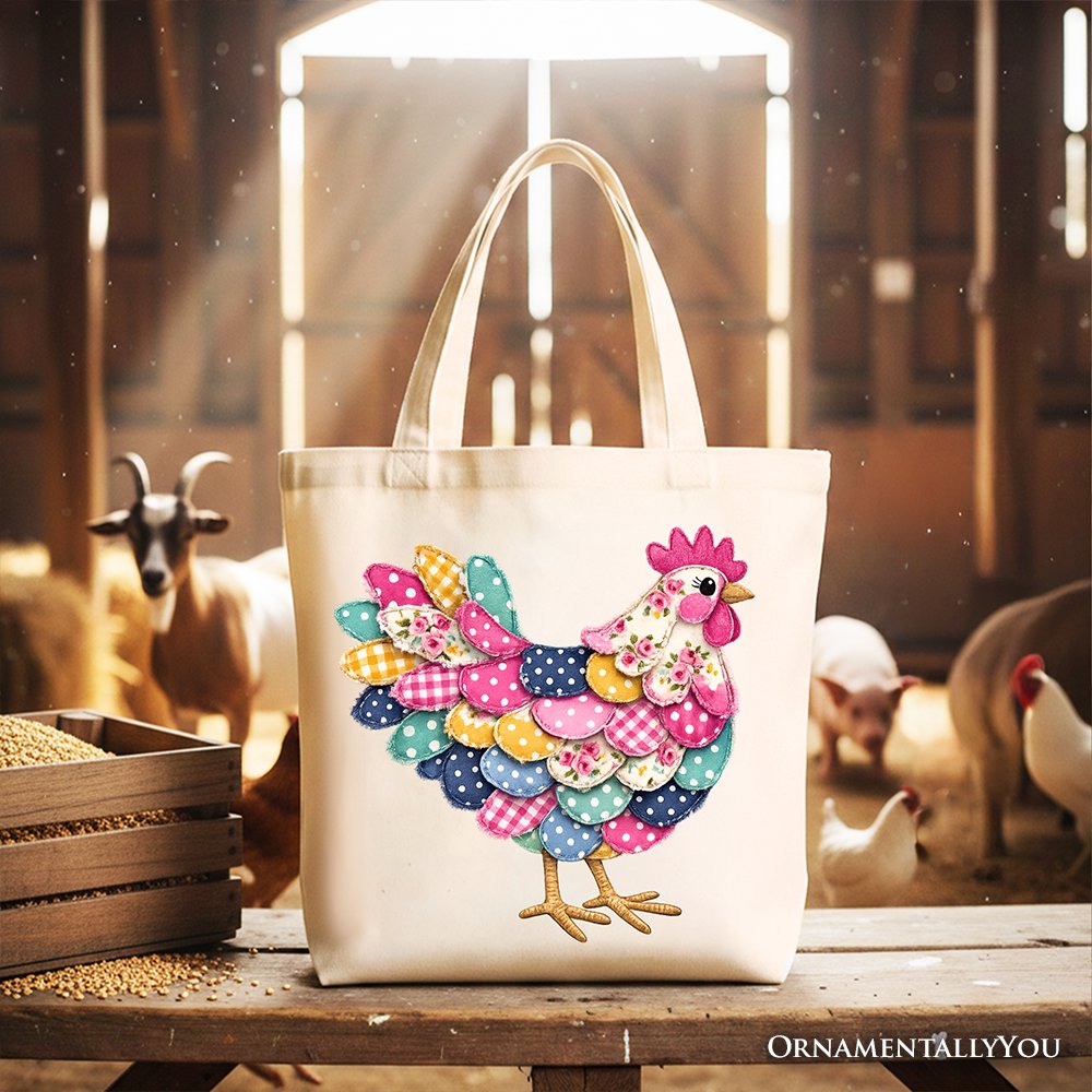 Floral Chicken Printed Faux Patchwork Tote Bag, Coquette Hen Farmhouse Gift Shopper Tote Bag OrnamentallyYou Beige 