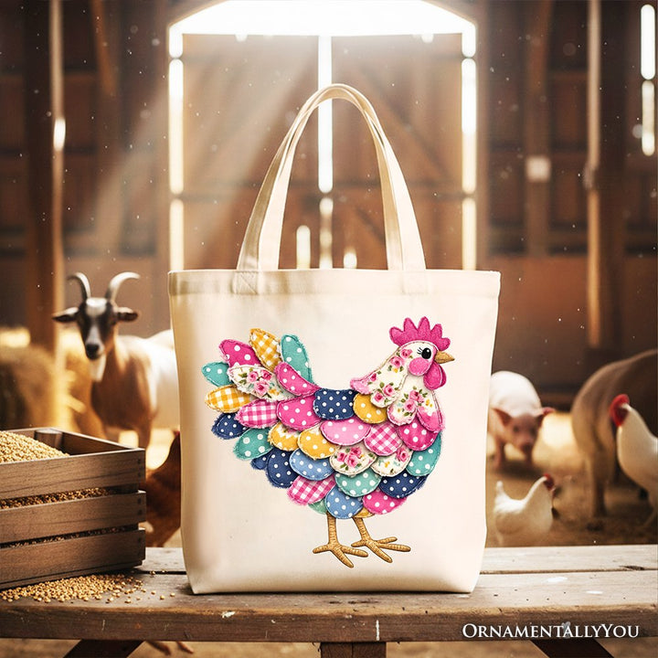 Floral Chicken Printed Faux Patchwork Tote Bag, Coquette Hen Farmhouse Gift Shopper Tote Bag OrnamentallyYou Beige 