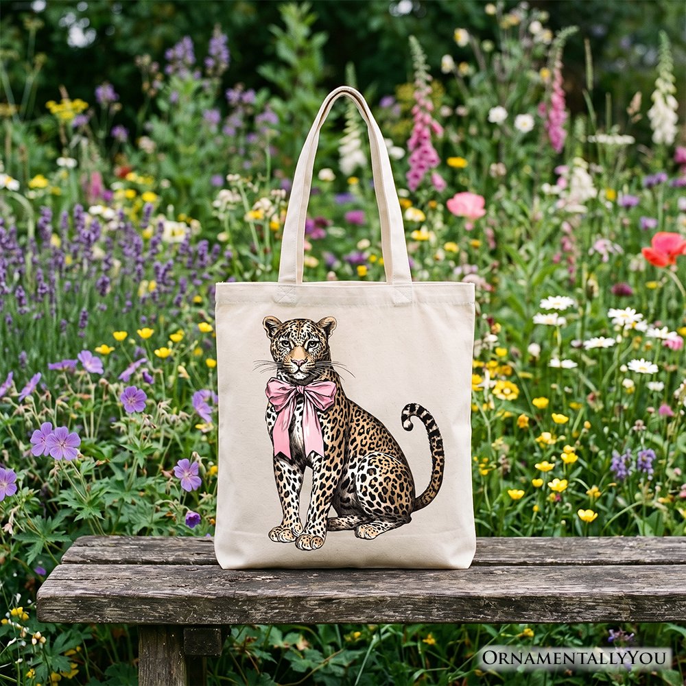 Leopard With Coquette Bow Tote Bag, Animal Trendy Preppy Gift Shopper Tote Bag OrnamentallyYou Beige 