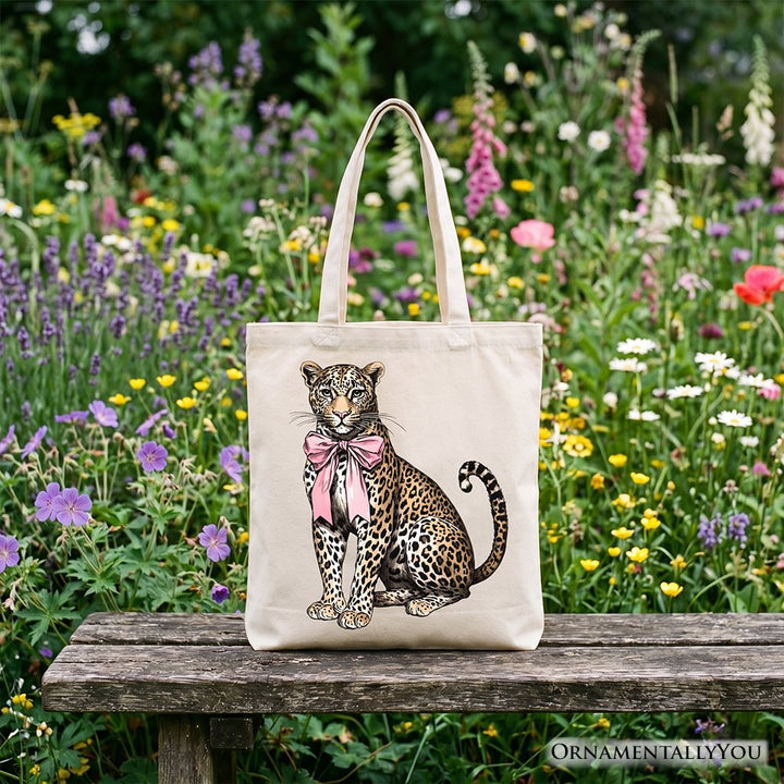 Leopard With Coquette Bow Tote Bag, Animal Trendy Preppy Gift Shopper Tote Bag OrnamentallyYou Beige 