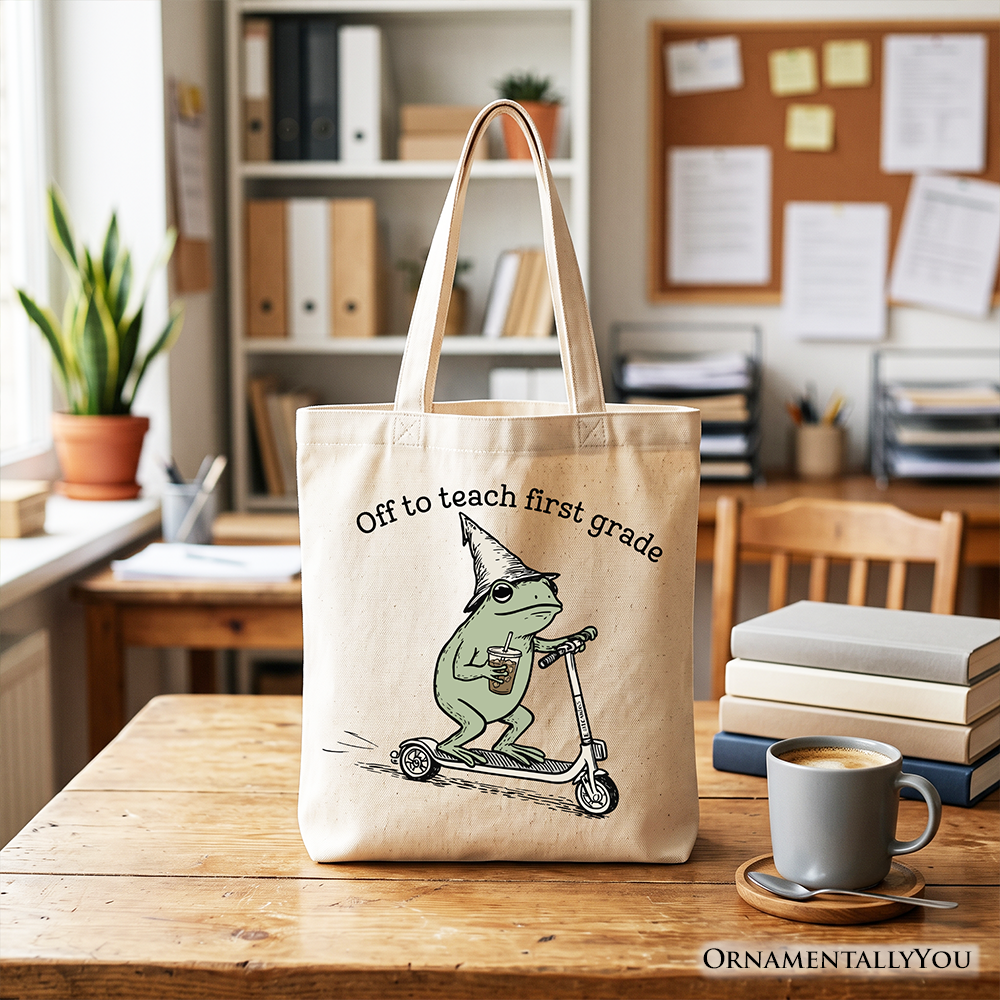 Off to Teach First Grade Frog Tote Bag, Funny Teachers Gift Shopper
