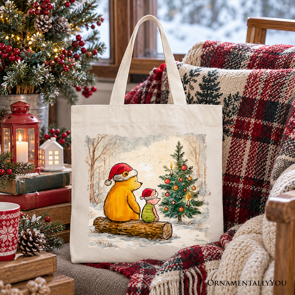 Winnie-the-Pooh Christmas With Friends Tote Bag, 1926 A.A. Milne Cozy Heartwarming Holiday Gift Shopper
