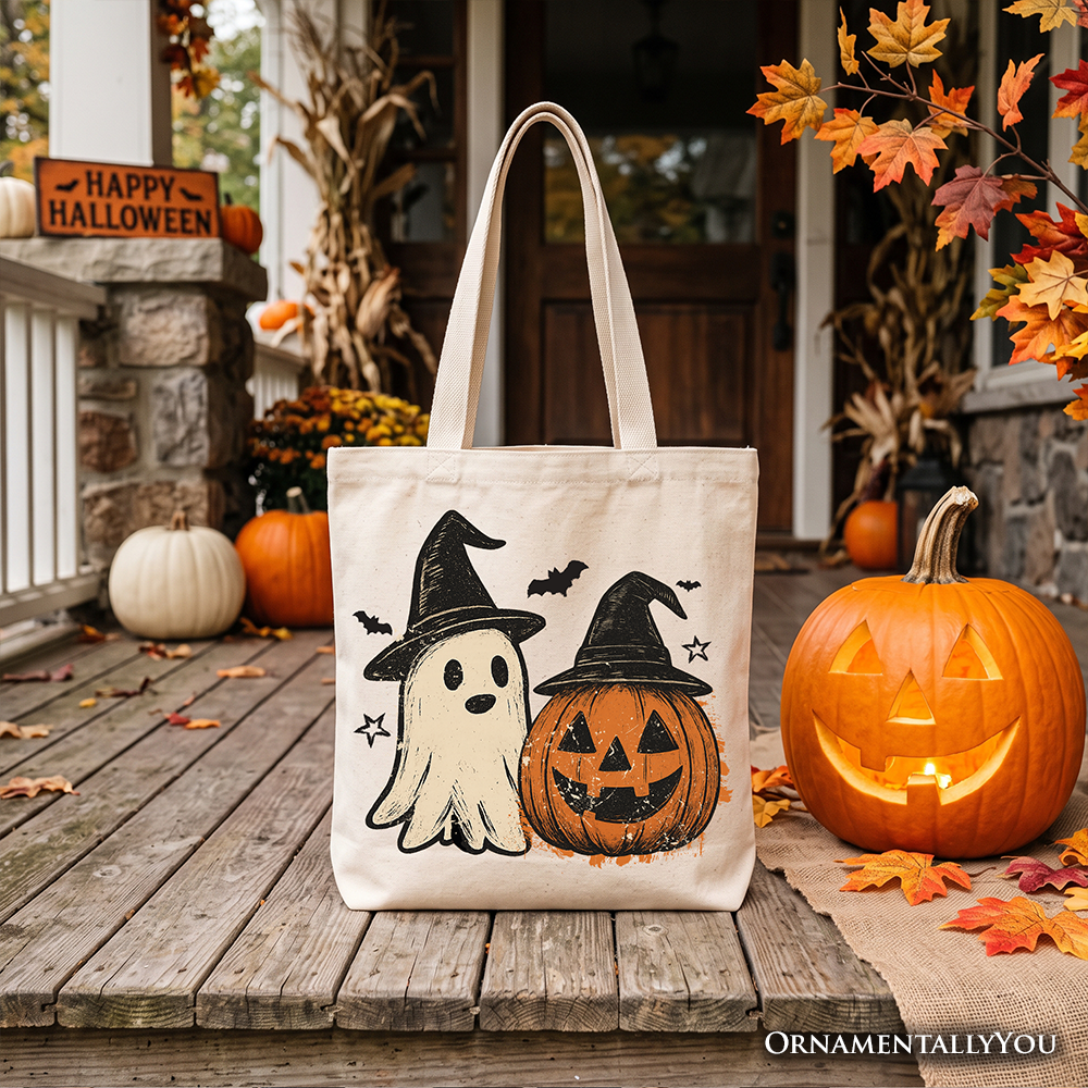 Witch Hat Ghost and Pumpkin Tote Bag, Vintage Halloween Jack O’ Lantern Gift Shopper