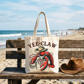 Yee Claw Lobster Western Tote Bag, Funny Cowboy Animal Gift Shopper Tote Bag OrnamentallyYou Beige 