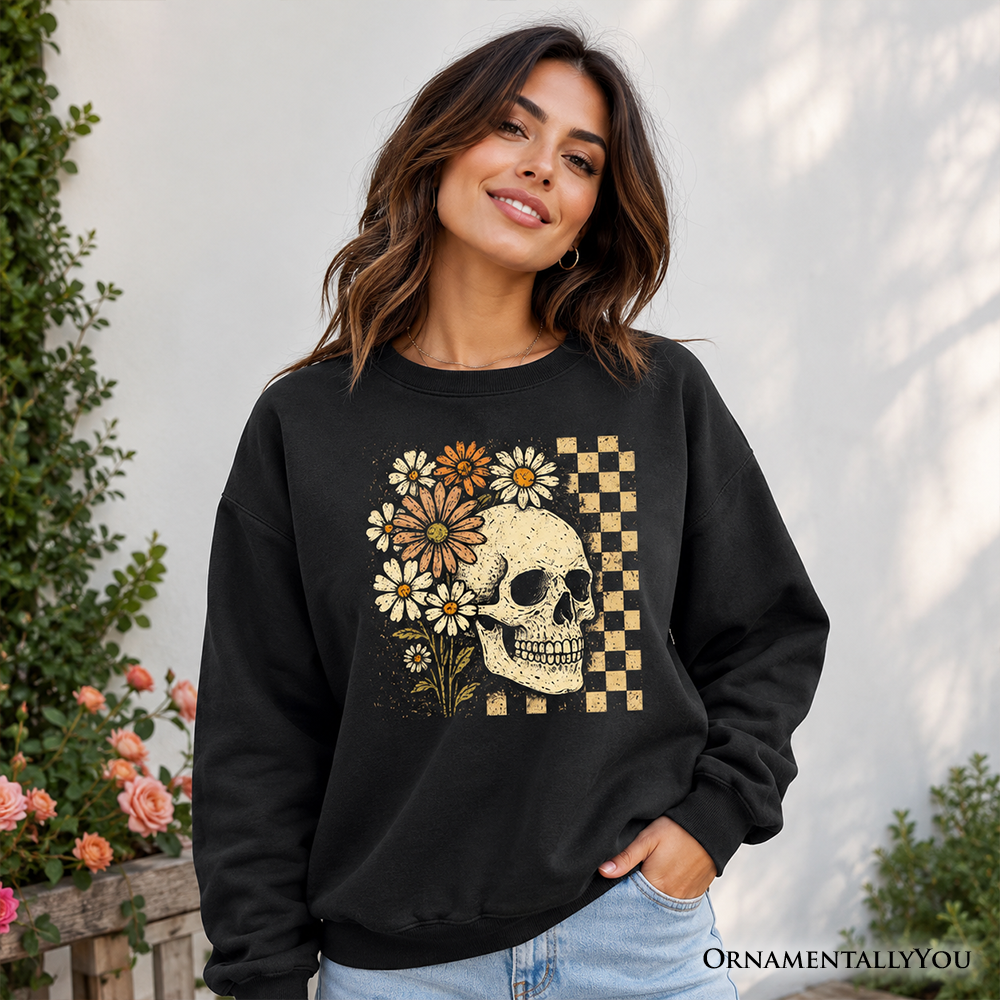 Checkered Floral Skeleton Sweatshirt, Vintage Skull Daisy Halloween Sweater