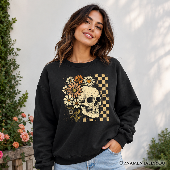 Checkered Floral Skeleton Sweatshirt, Vintage Skull Daisy Halloween Sweater