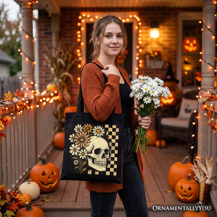 Checkered Floral Skeleton Tote Bag, Vintage Skull Daisy Halloween Gift Shopper