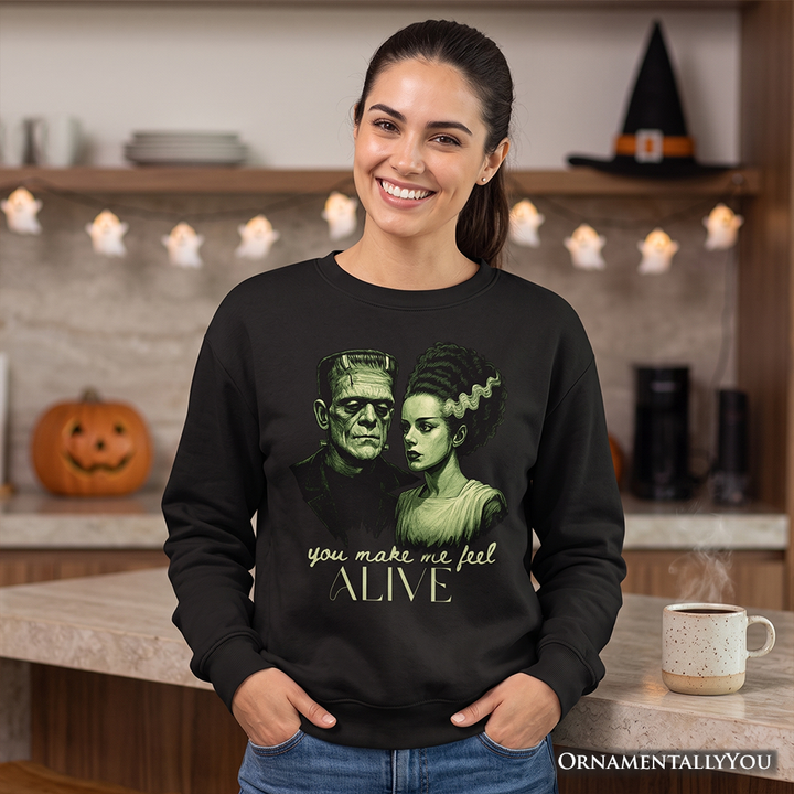 Frankenstein And Bride You Make Me Feel Alive Sweatshirt, Valentine Retro Horror Couples Love Sweater