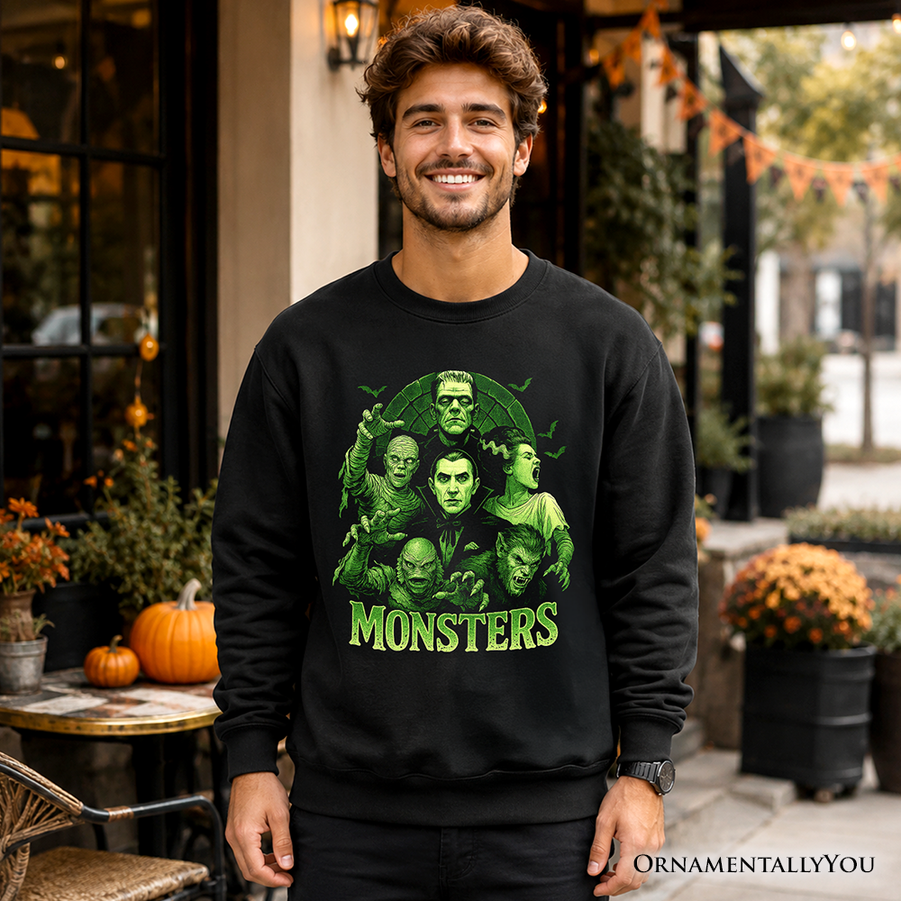 Green Retro Monsters Sweatshirt, Vintage Classic Horror Halloween Sweater
