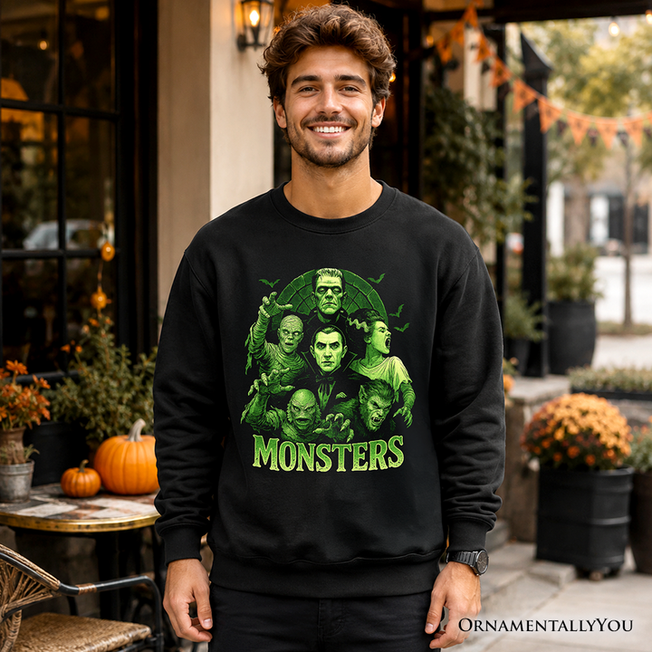 Green Retro Monsters Sweatshirt, Vintage Classic Horror Halloween Sweater