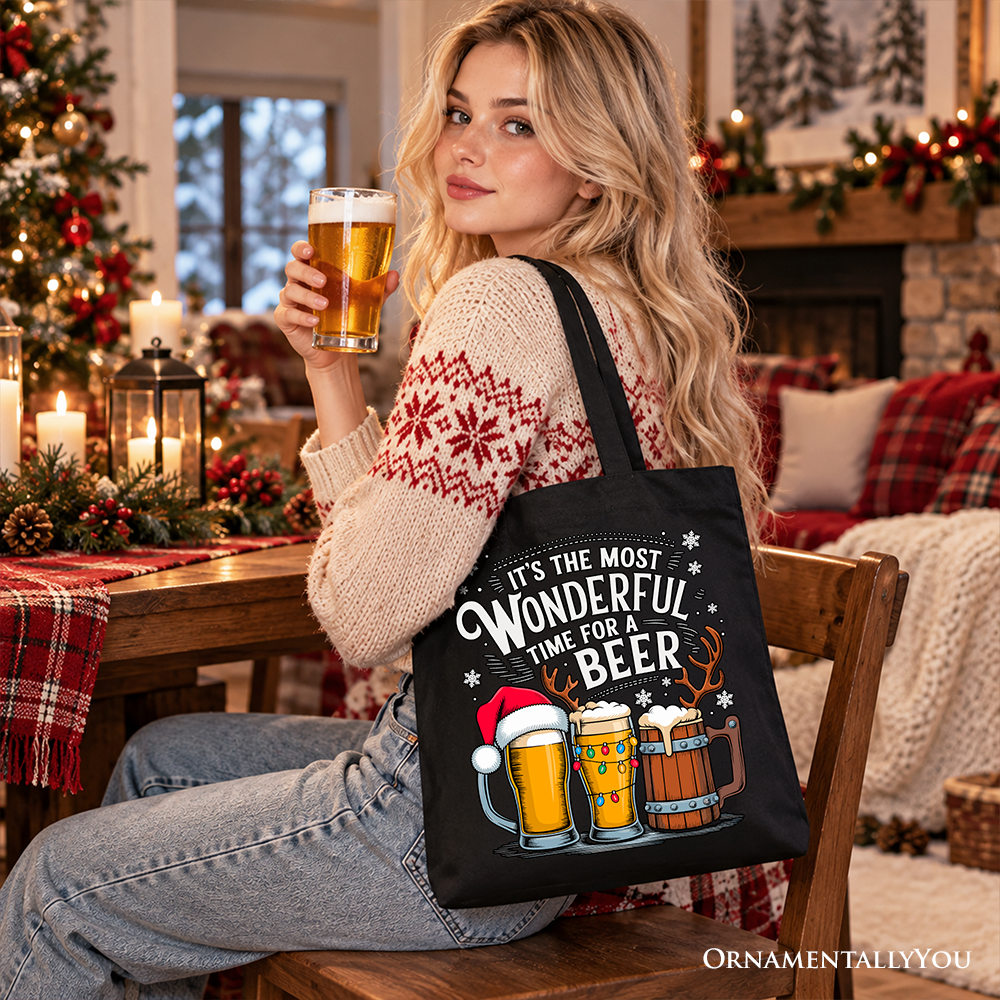 It's The Most Wonderful Time For a Beer Tote Bag, Funny Holiday Beer Christmas Gift Shopper for Festive Drinkers