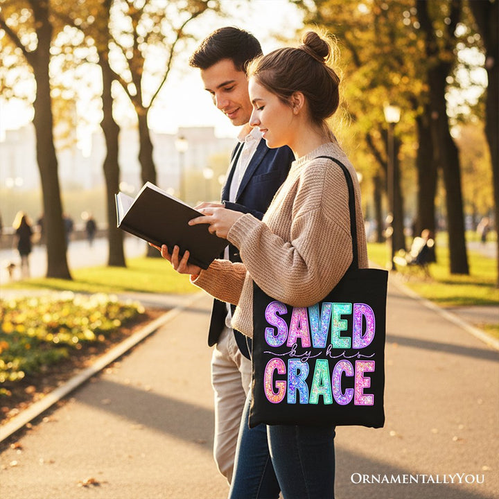 Saved By His Grace Printed Faux Sequin Christian Tote Bag, Religious Love Gift Shopper Tote Bag OrnamentallyYou 