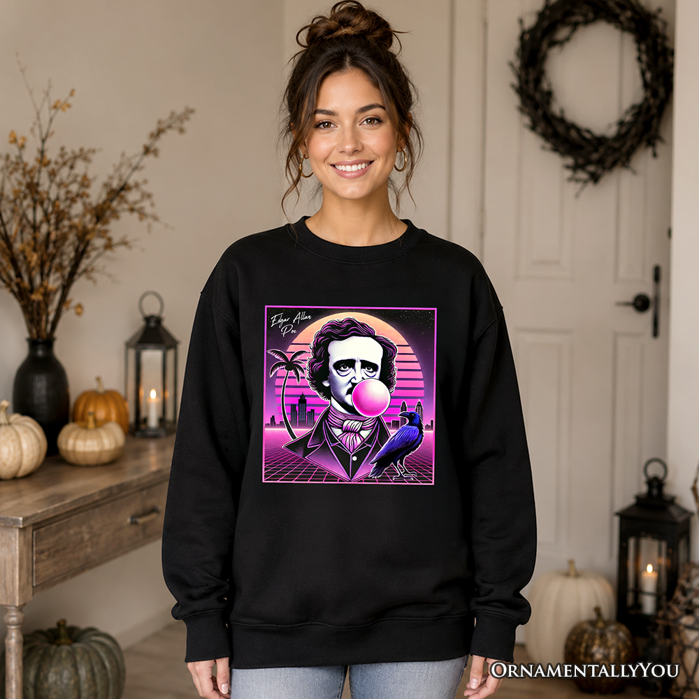 Synthwave 80's Styled Edgar Allan Poe Horror Sweatshirt, Vaperwave Classic Retro Neon Halloween Sweater