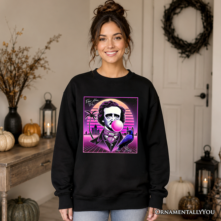 Synthwave 80's Styled Edgar Allan Poe Horror Sweatshirt, Vaperwave Classic Retro Neon Halloween Sweater