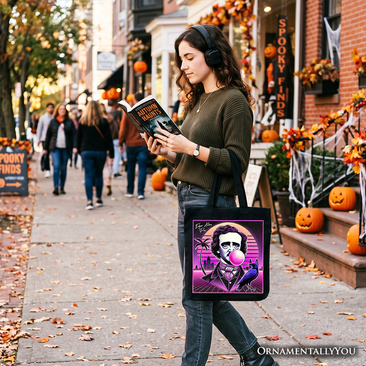 Synthwave 80's Styled Edgar Allan Poe Horror Tote Bag, Vaperwave Classic Retro Neon Halloween Gift Shopper