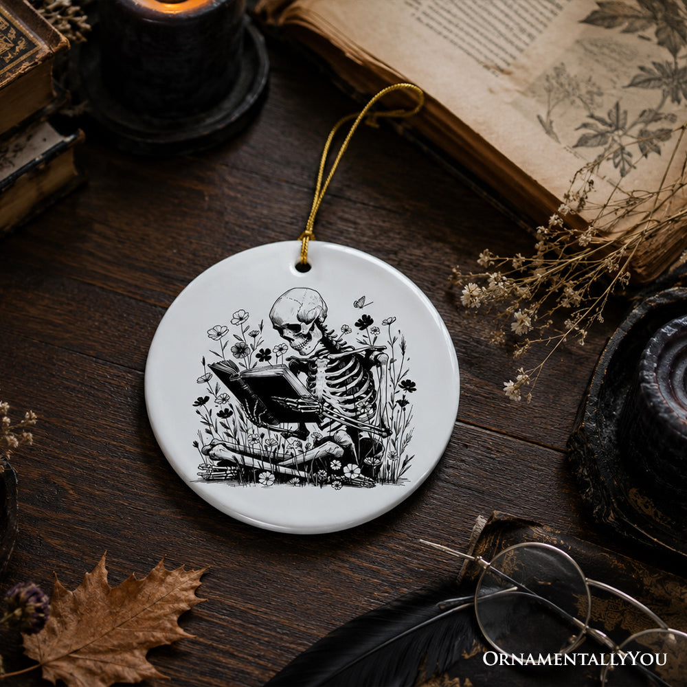 Gothic Reading Skeleton Ornament, Spooky Bookworm Floral Halloween Tree Decor