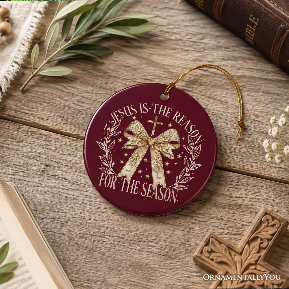 Jesus Is the Reason Christmas Ornament, Coquette Gold Bow Cross for Faithful Women Keepsake