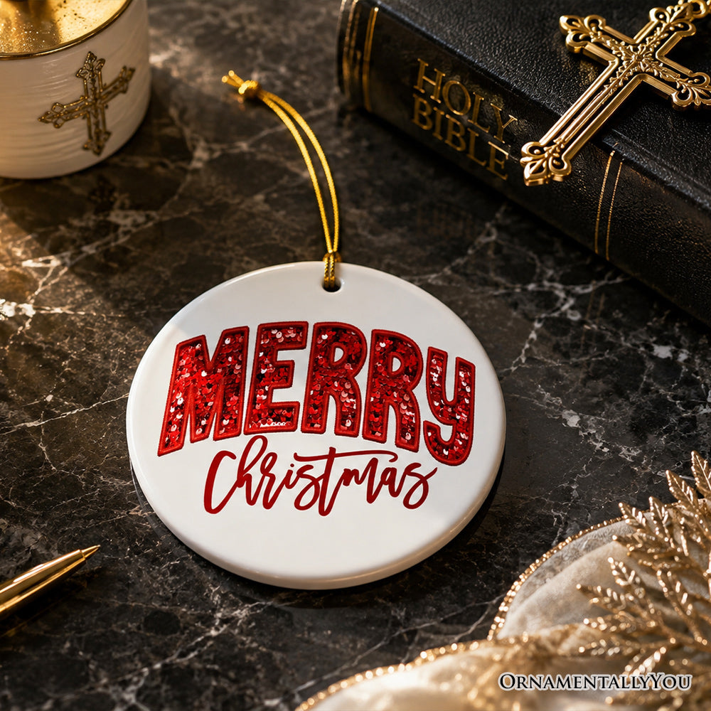 Merry Christmas Sequin Ornament, Bold Red Glitter for Festive Holiday Season Souvenir