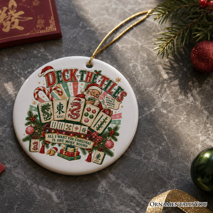 Retro Deck The Tiles Mahjong Santa Ornament, Funny Chinese Table Game Player Gift and Tree Decor