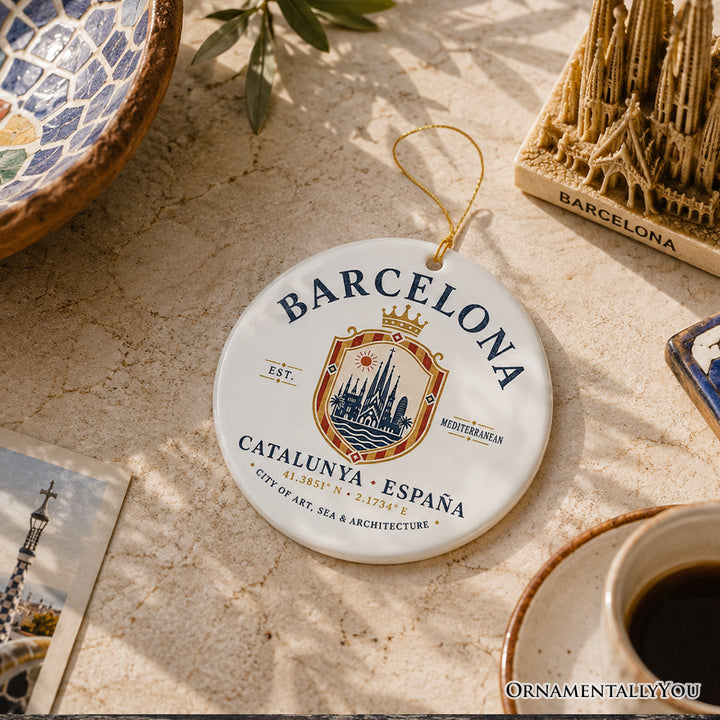 Vintage Barcelona Catalunya España Crest Ornament, Spain Tourist Attraction Gift and Souvenir