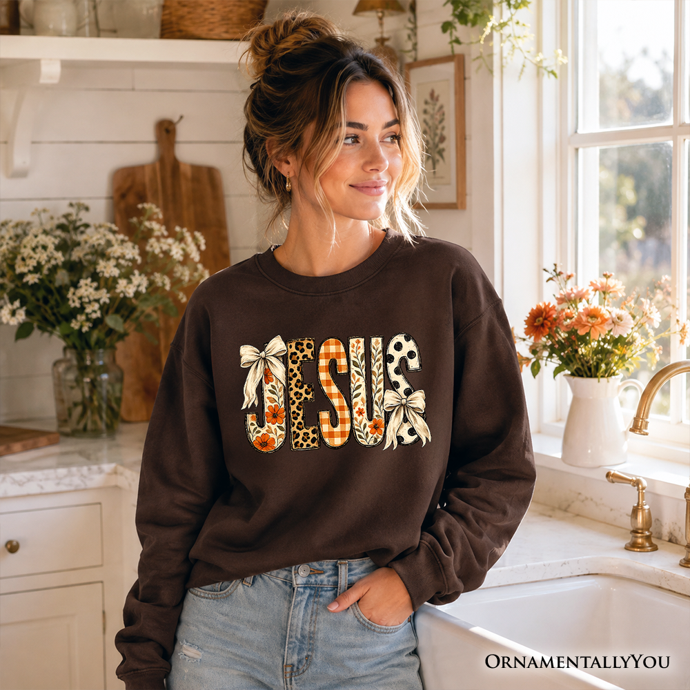 Jesus Coquette Fall Sweatshirt, Leopard Plaid Floral Christian Faith Sweater