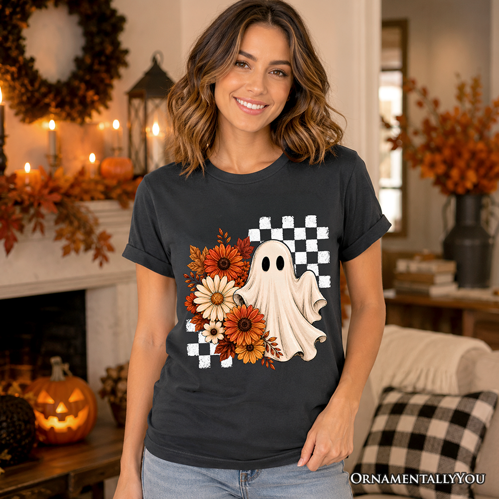 Checkered Floral Ghost T-Shirt, Vintage Fall Halloween Daisy Tee