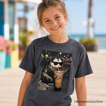 Kids Iced Coffee Opossum T-Shirt, Funny Animal Meme Youth Tee Kid's T-Shirts OrnamentallyYou 
