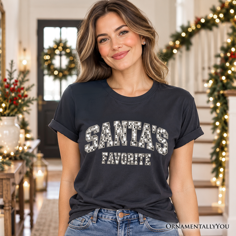 Santa’s Favorite Faux Mirrored Christmas T-Shirt, Disco Sparkle Holiday Tee