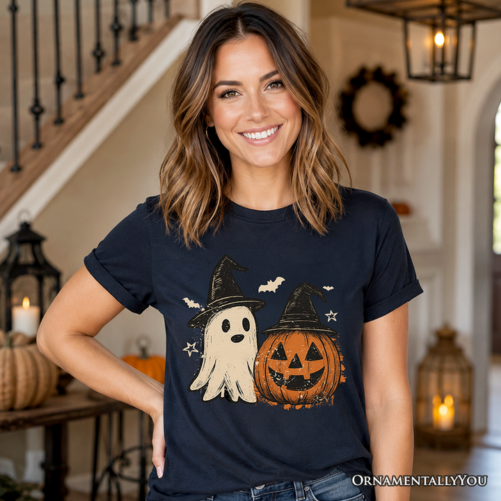 Witch Hat Ghost and Pumpkin T-Shirt, Vintage Halloween Jack O’ Lantern Tee