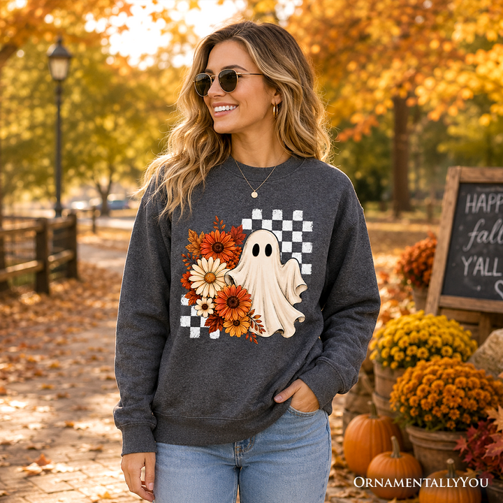 Checkered Floral Ghost Sweatshirt, Vintage Fall Halloween Daisy Sweater