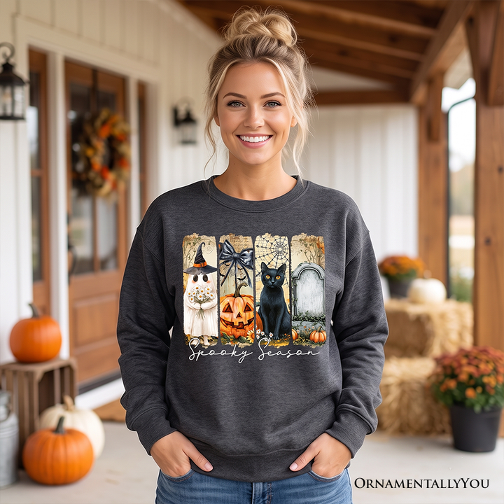 Fall Spooky Season Brushstroke Sweatshirt, Coquette Vintage Ghost, Cat and Pumpkin Sweater