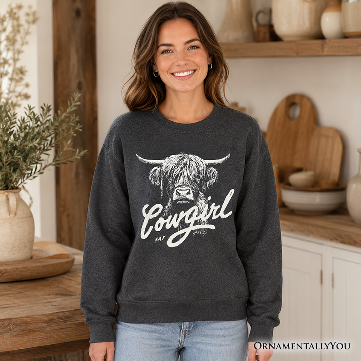 Highland Cow Vintage Cowgirl Sweatshirt, Western Country Sweater For Women