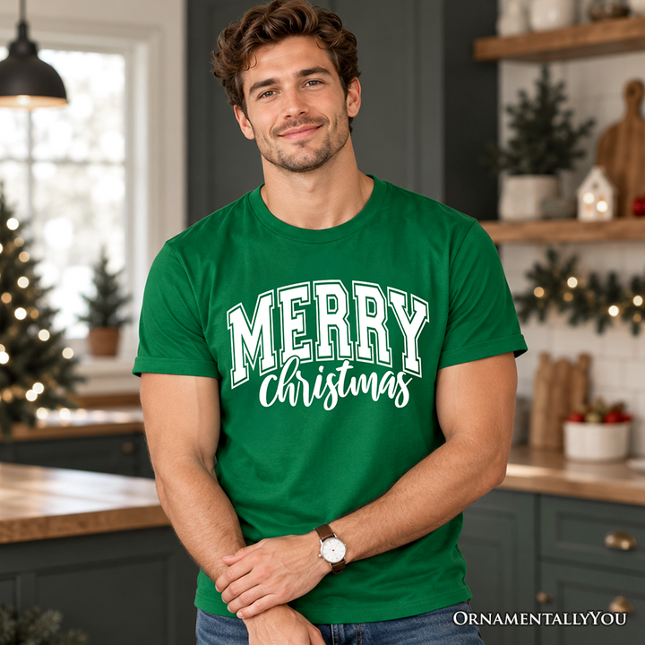 Merry Christmas Collegiate T-Shirt, Classic Holiday Typography Tee