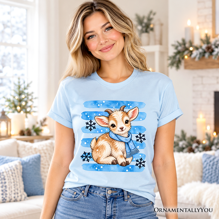 Snowflake Goat Christmas T-Shirt, Cute Winter Scarf Farm Animal Tee