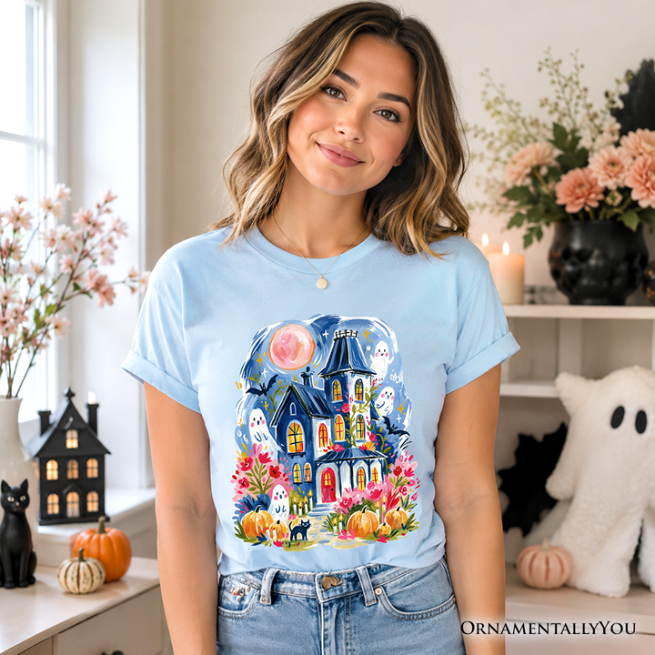 Watercolor Haunted House T-Shirt, Colorful Ghost Pumpkin Halloween Tee
