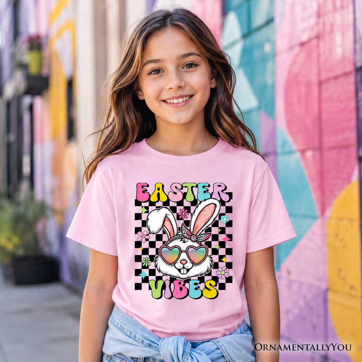 Kids Retro Easter Bunny Sunglasses T-Shirt, Groovy Youth Checkered Tee