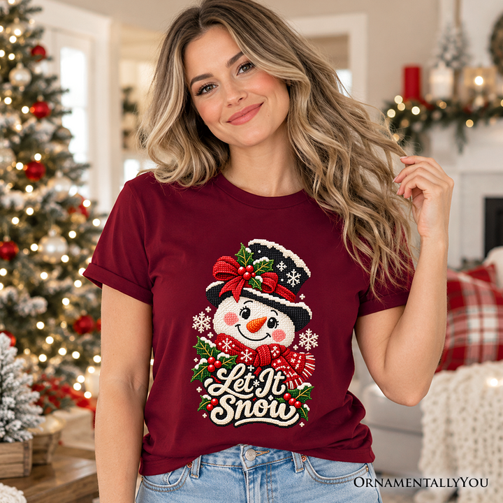 Let It Snow Faux Cross Stitch Snowman Christmas T-Shirt, Winter Holiday Tee